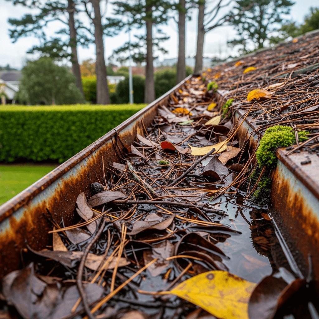 A clogged gutter filled with wet leaves and debris on an Auckland home, showing why professional gutter cleaning from Suds Wash Co is essential.