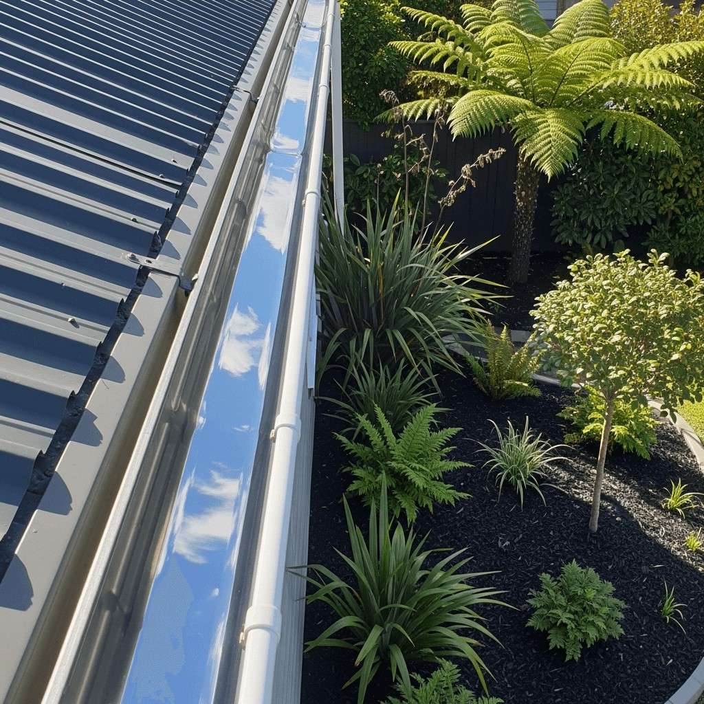 A bright Auckland home with freshly cleaned gutters and a tidy garden below, highlighting Suds Wash Co’s careful, eco-frienA bright Auckland home with freshly cleaned gutters and a tidy garden below, highlighting Suds Wash Co’s careful, eco-friendly gutter cleaning service.dly gutter cleaning service.