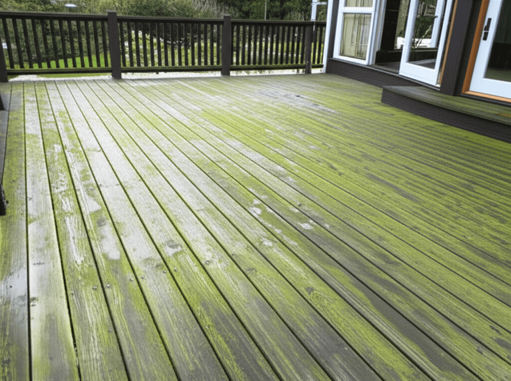 Outdoor timber deck with moss and algae needing cleaning in Auckland