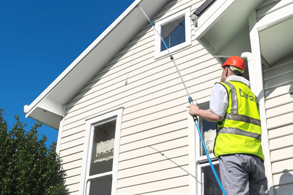 Professional soft washing a weatherboard house exterior in Auckland