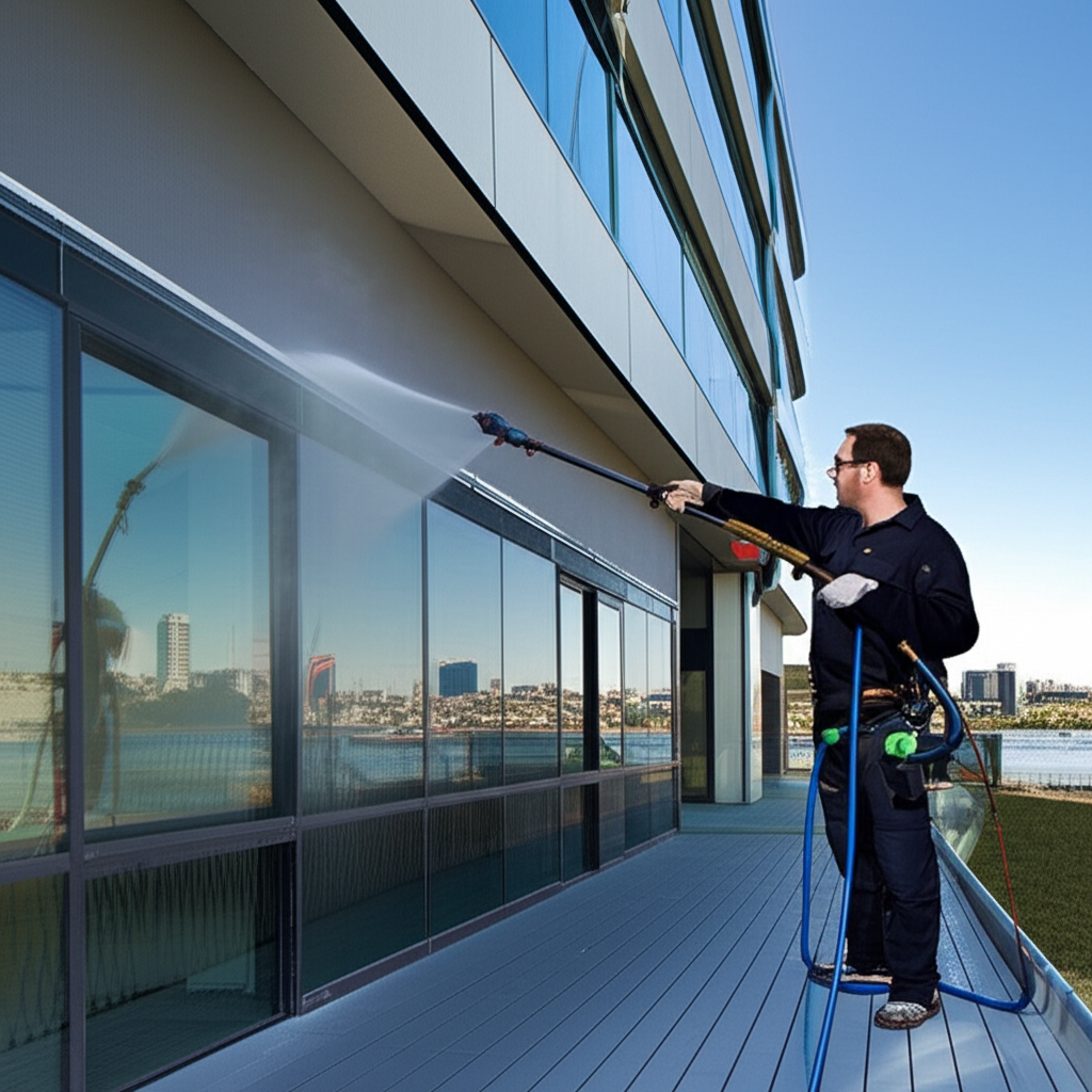 Professional building wash service cleaning low-rise commercial office building in Auckland using soft wash technique