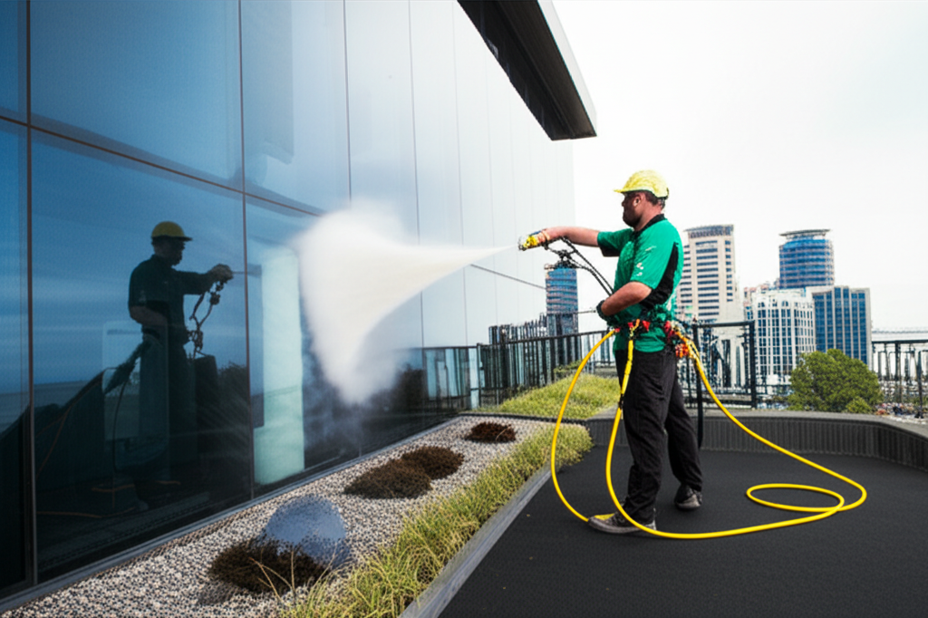 Professional technician using soft wash equipment to clean commercial office building in Auckland