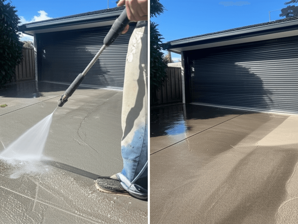 Professional concrete cleaning on an Auckland residential driveway
