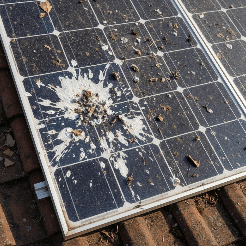Dirty solar panels showing bird droppings, dust and leaf debris buildup