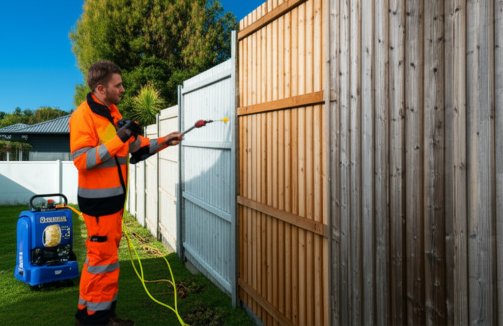 Professional fence cleaning service in Auckland using soft wash equipment
