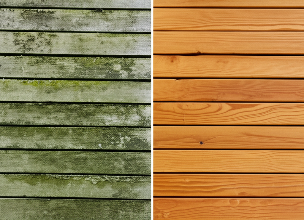 Before and after timber fence cleaning results showing mold and algae removal in Auckland
