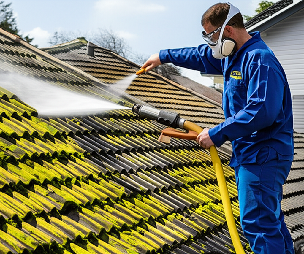 Professional soft wash roof moss treatment being applied in Auckland