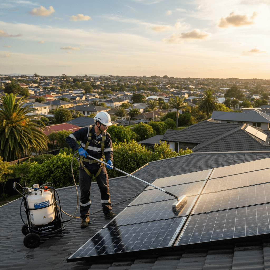 Professional technician cleaning solar panels on a residential roof in Auckland