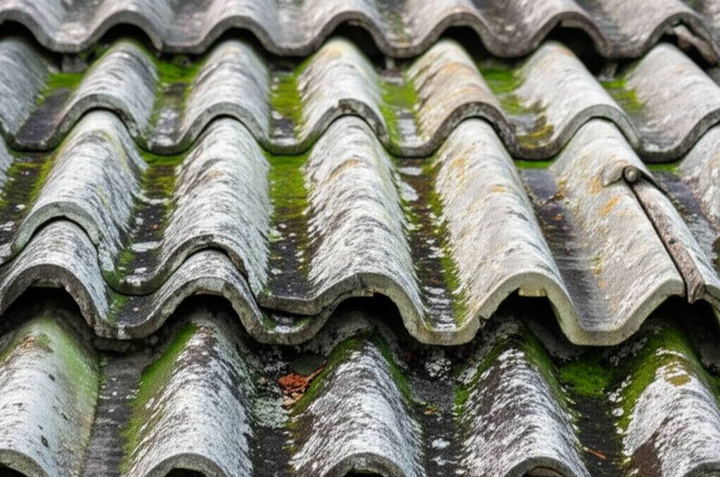 Close-up of roof moss damage and lichen growth on Auckland roof tiles