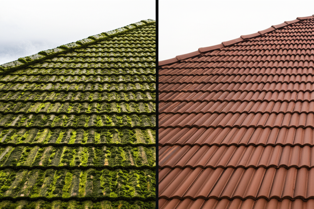 Before and after roof moss removal results on Auckland home
