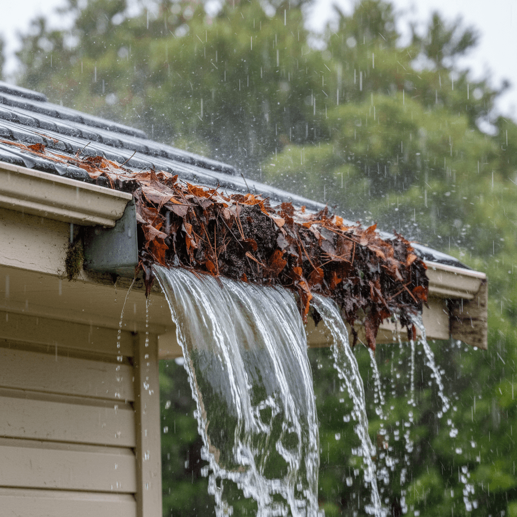 Blocked house spouting overflowing with leaves and debris during Auckland rain