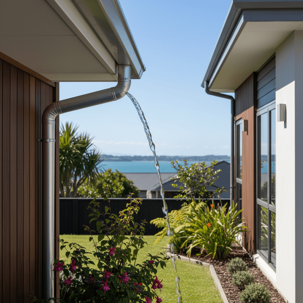 Clean aluminium spouting on Auckland home after professional cleaning with water flowing freely