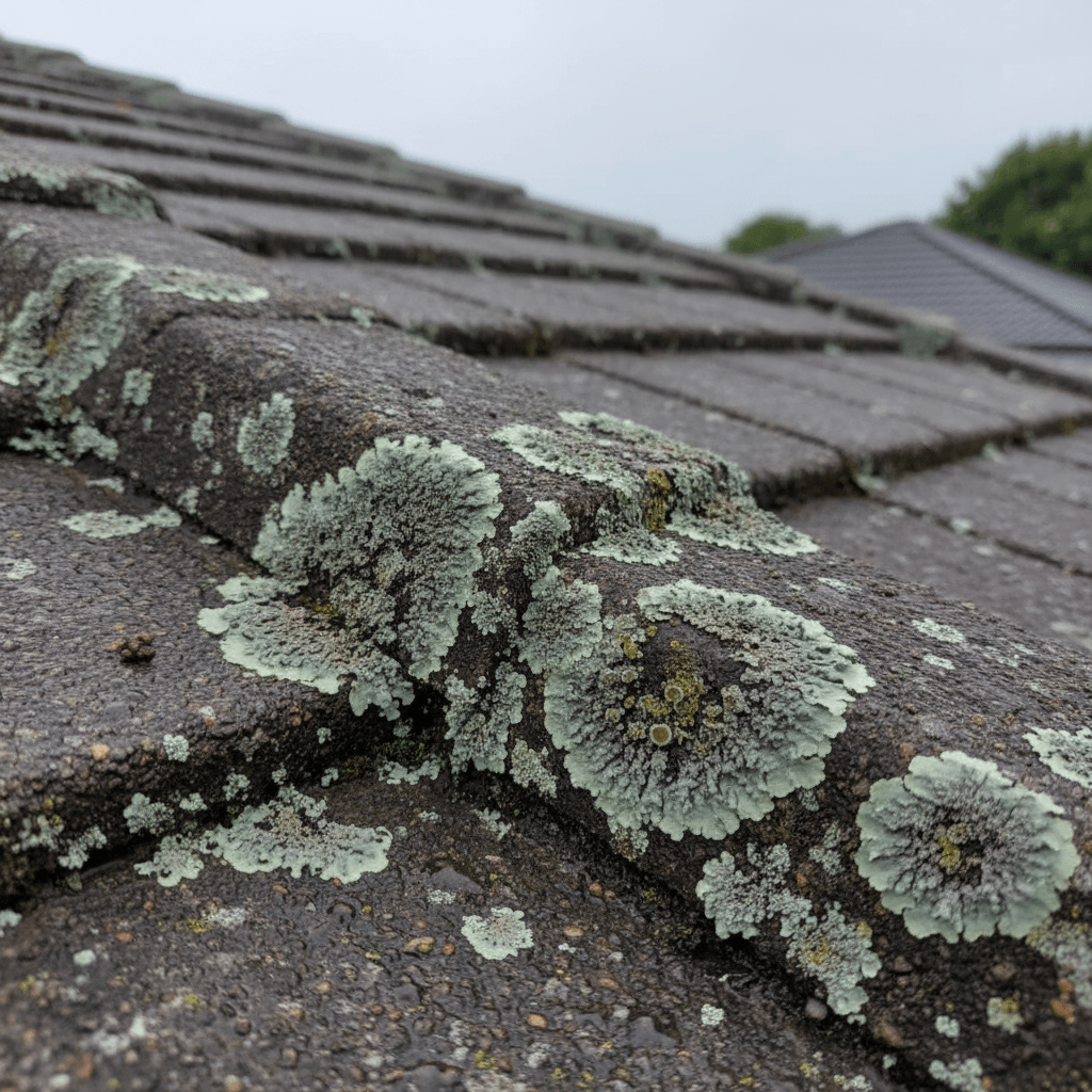 Close-up of lichen growth on concrete roof tiles in Auckland