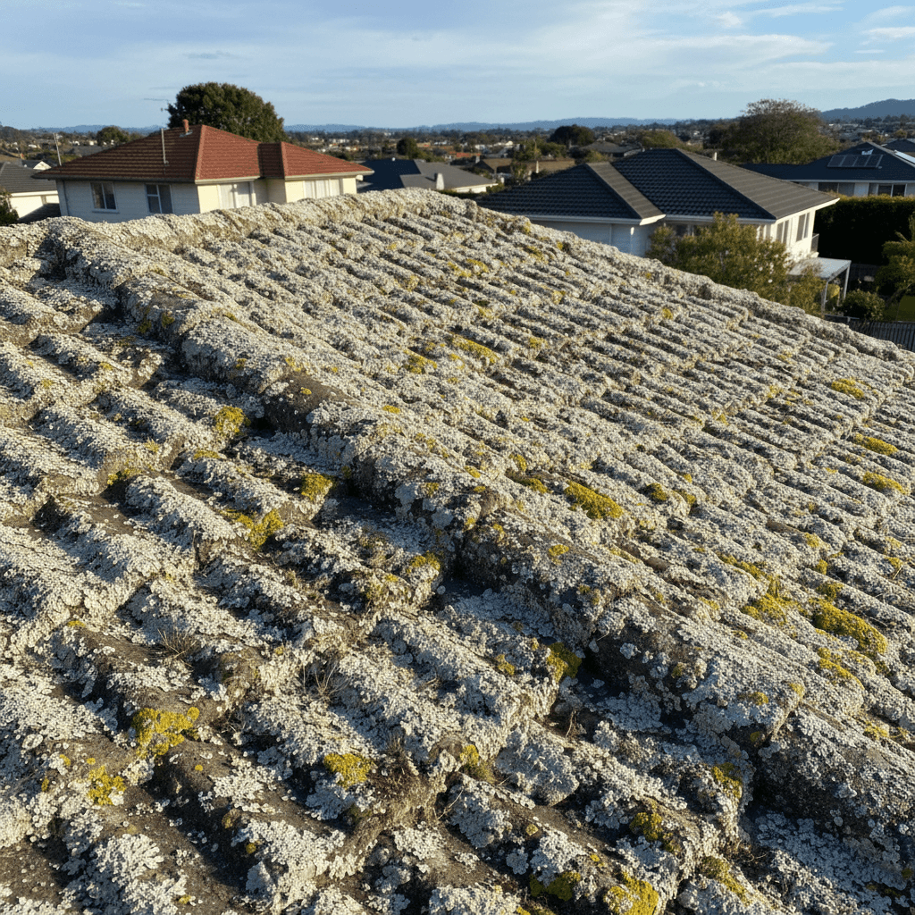 Auckland residential roof covered with white and green lichen patches on concrete tiles