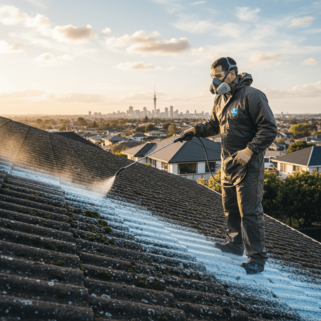 Professional applying chemical lichen treatment to roof tiles on Auckland home