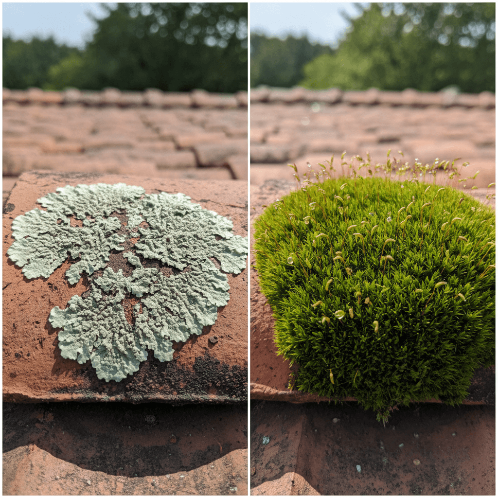 Comparison of lichen versus moss growing on roof tiles showing different textures