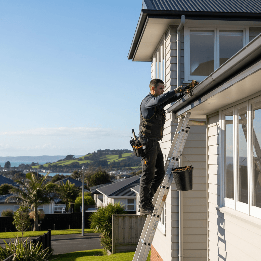 Professional worker cleaning residential spoutings from a ladder on an Auckland home