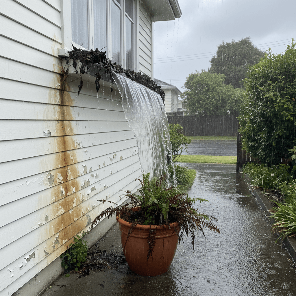 Water damage staining on Auckland home wall from overflowing blocked spouting