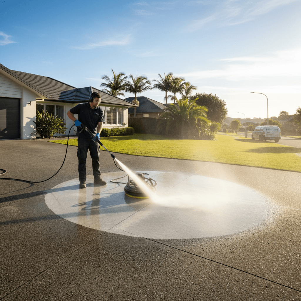 Professional water blasting service cleaning a concrete driveway in Auckland