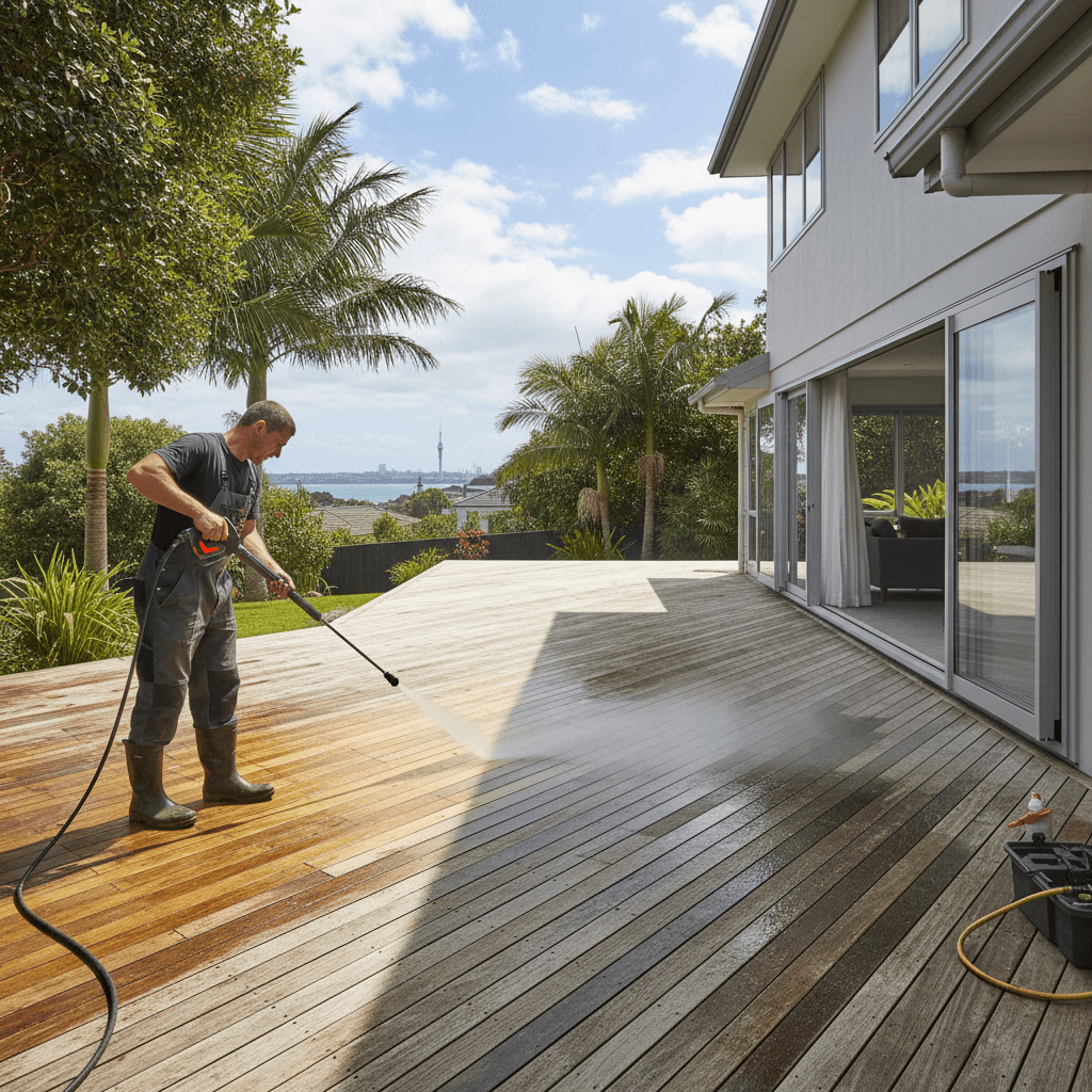 Water blasting a wooden deck at an Auckland residential property