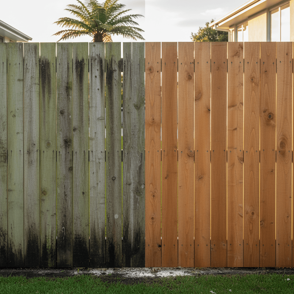 Before and after water blasting fence panels at an Auckland home